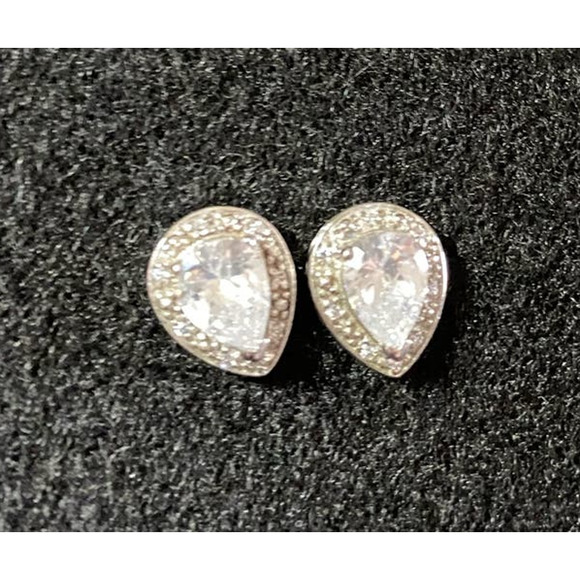 Vintage Sterling Silver Tear Drop Pierce Earrings Clear Crystals 3.55g - Picture 2 of 7